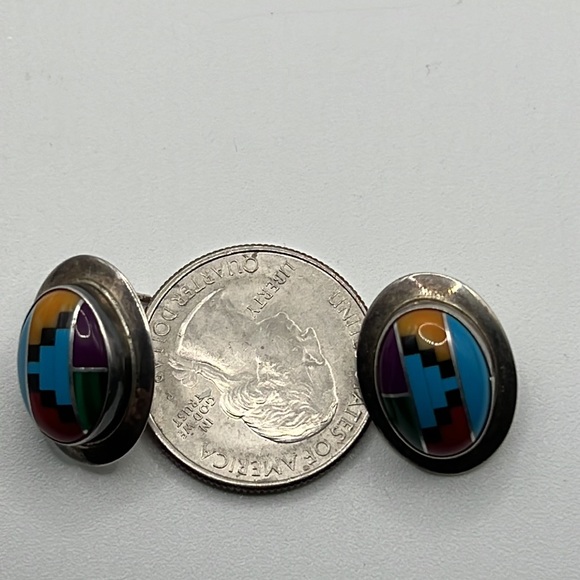 SOUTHWESTERN MULTI STONE INLAY STERLING SILVER POST EARRINGS - Picture 7 of 7